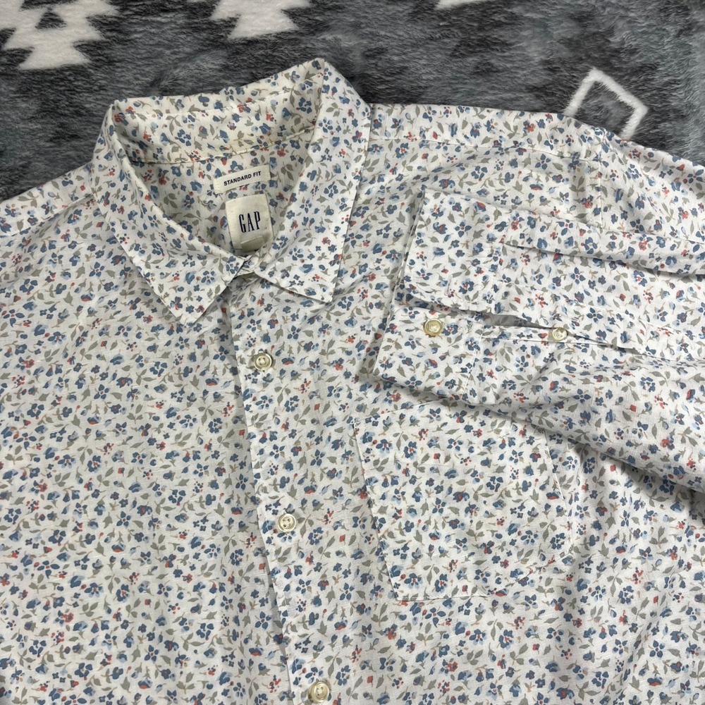 Gap Mens XL Standard Fit Floral Cotton Linen Long Sleeve Button Up Shirt White